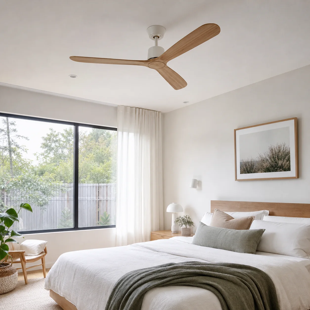 Illustrative timber ceiling fan installed in a bright contemporary bedroom