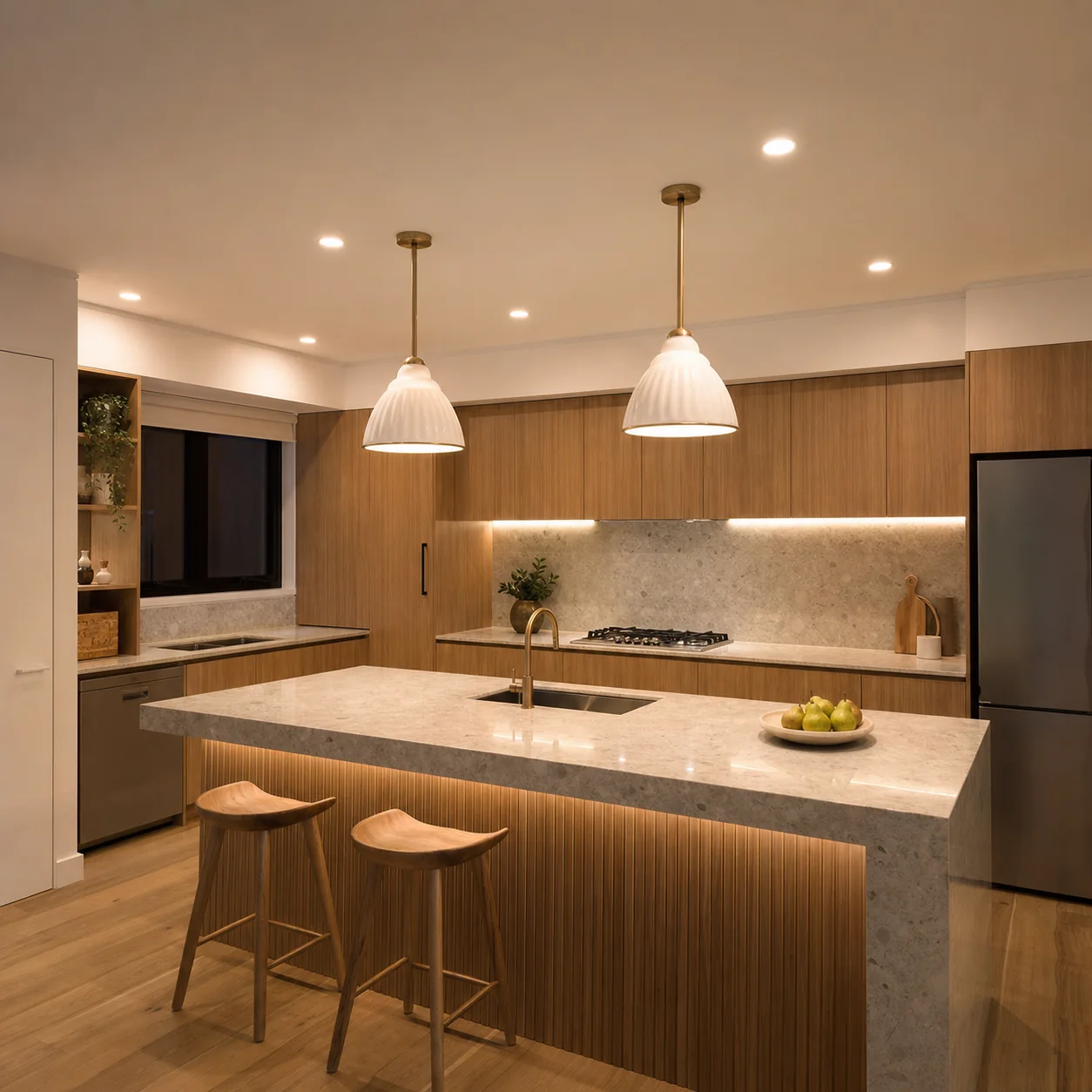 Illustrative modern kitchen with warm pendant lights, LED downlights and integrated bench lighting