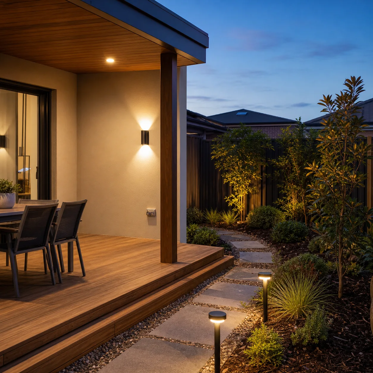 Illustrative covered deck with warm exterior lights, garden lighting and a weatherproof power point