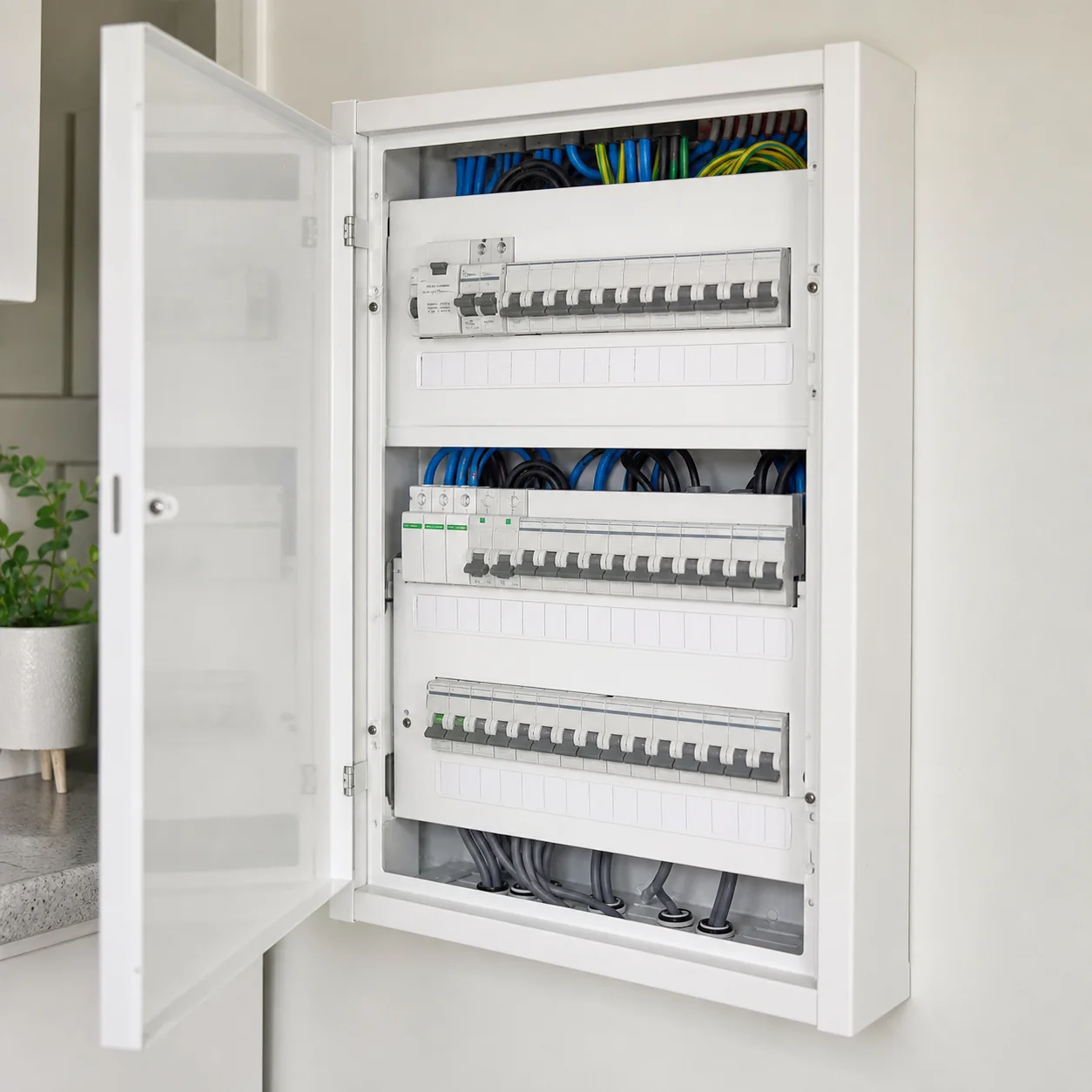 Illustrative neat residential switchboard with modern circuit protection and organised cabling